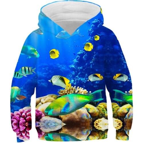 3D Marine Life Spring And Autumn New Childrens clothes Print Hoodie Blue Sea Fish Fashion Customizable Parent-Child Sweatshirt