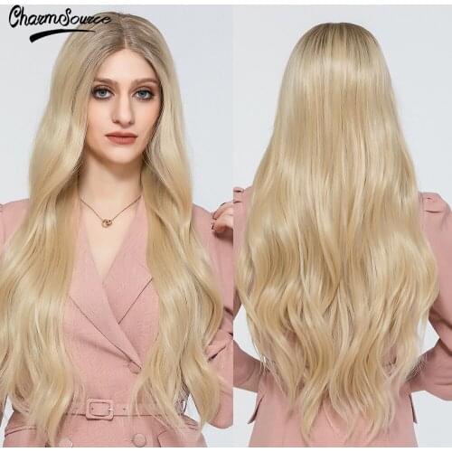 CharmSource Long Wavy Lace Part Synthetic Wigs Ombre Blonde Wig for White Black Women Daily Hair High Density Heat Resistant