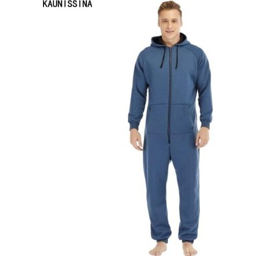 Men Sleepwear One Piece Pajamas Set Long Sleeve Hooded Zip Front Fleece Lined Pajama Set Adult Onesies Winter Home Nightwear