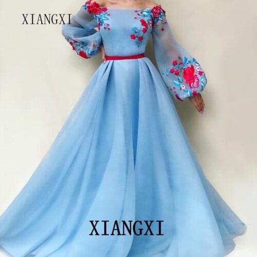 Robes de soirée musulmanes bleues 2020 a-ligne manches lanterne Tulle islamique dubaï saoudien longue robe de soirée formelle ro