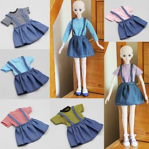 Striped Strap Dress For 60cm BJD Doll Denim Skirt Fashion Doll Clothes Long Short Sleeve Princess Clothing 1/3 Doll Accessories