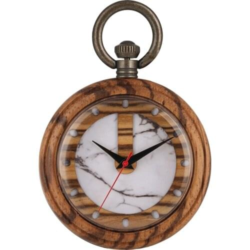 Casual Wooden Quartz Pocket Watch for Lady Special Marbling Pattern Dial Watches for Women Detachable Alloy Rough Chain Pendant