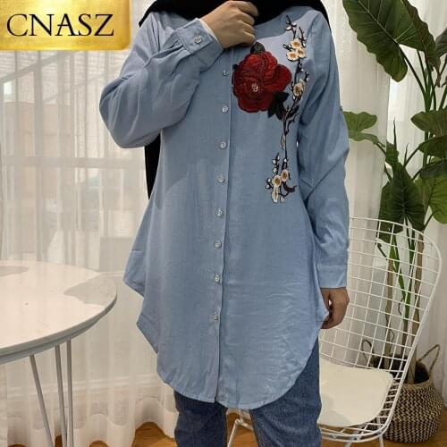 Casual Long Sleeve Tops Muslim Women Soft Denim Shirt Longline Denim Shirts Ladies Blue Jean Blouses With Floral Belt