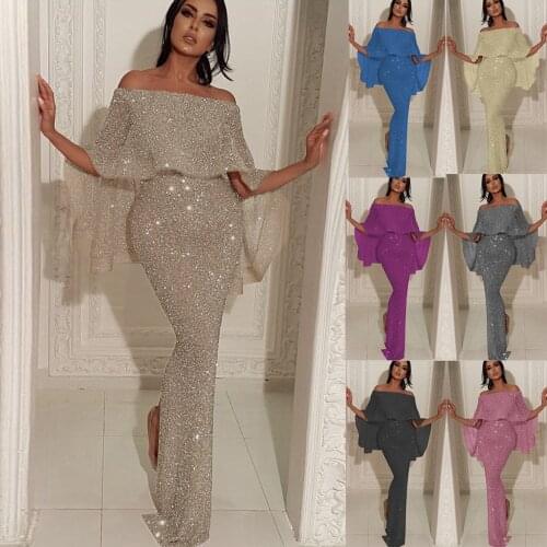 Ruffle Glitter Long Dress Party Women Butterfly Sleeve Off Shoulder Split Maxi Dresses Bling Shiny Gold Pink Dress Prom XXXL