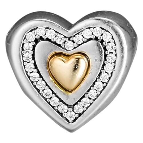 CKK 925 Sterling Silver Jewelry Heart Silver Charms With 14K Gold Original DIY Beads Fits Bracelets For Jewelry Making