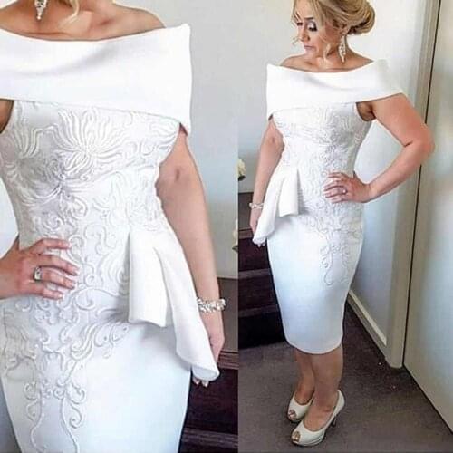Vintage Mother of The Bride Dresses 2019 Bateau Tea Length White Applique Off the Shoulder Ruched Custom Made Sheath Madrinha