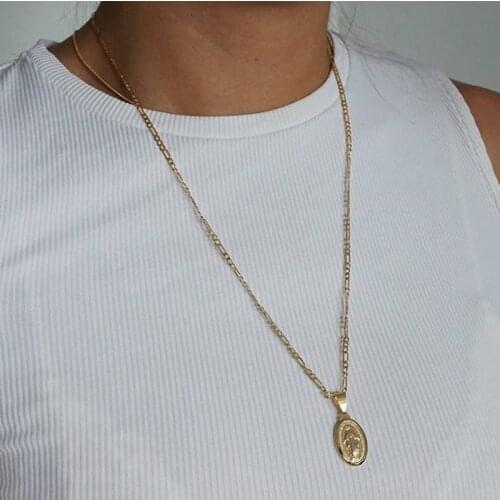 Fashion Jewelry necklace Virgin Mary Madonna Pendant Oval-shaped Gold silver plated metal chain