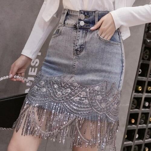 Sexy Women Denim Mini Short Skirt Summer Fashion Blue Package Hip Sequined Tassel High Waist Jeans Skirt Street Wear Plus Size