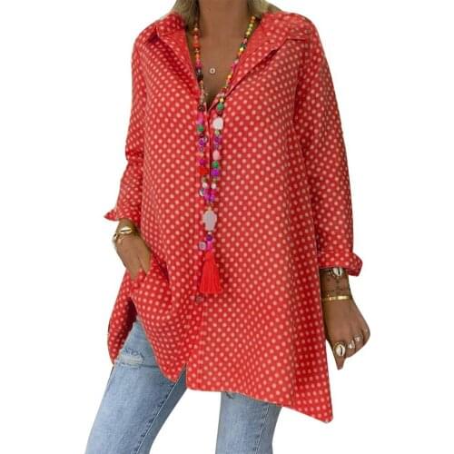 Women Blouse Casual Long Sleeve Turn Down Collar Polka Dot Print Buttons Loose Shirt