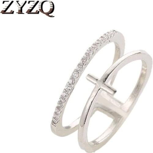 ZYZQ Open Rings Double Layered Cross Shaped Women Jewelry Romantic Rose Gold Color Plated Micro Paved Wholesale Lots&Bulk