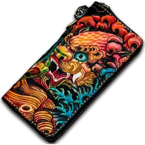 Handmade Lion Carving in Tang Dynasty Women Wallets Card Holder Purses Men Long Clutch Vegetable Tanned Leather