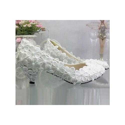 Plus sizes handmade lace wedding shoes for women TG316 light ivory med high low heels bridal shoes pearls flower brides shoes