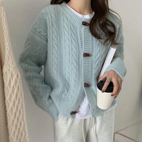 Women Cardigan Sweater 2021 Autumn Horn Button Long Sleeve Short Cropped Cardigan Female Knitted Jacket Coat
