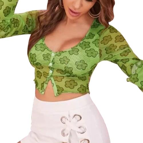 Women Casual Crop Tops Green Floral Printed Pattern Long Flared Sleeves U-shaped Collar T-shirt 2021 New Style Streewear