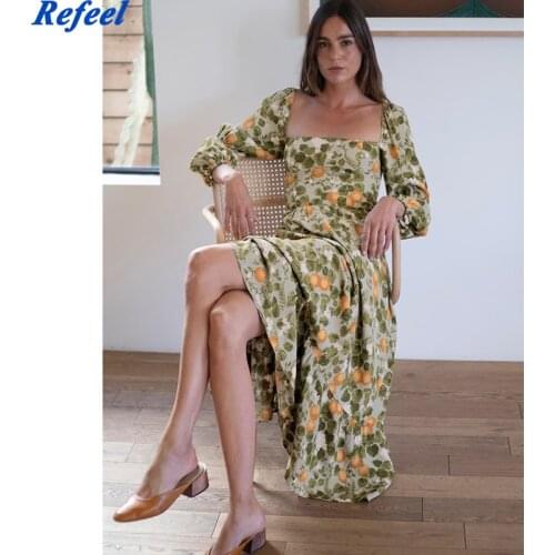 Spring summer women midi dress vintage floral print long sleeves chiffon long dress lining elegant lady robe femme