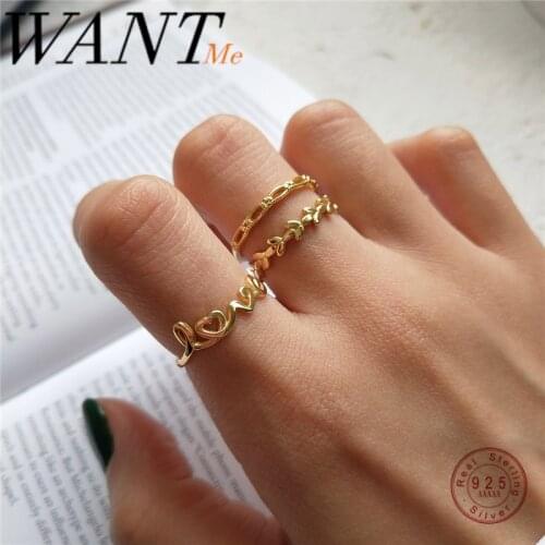 WANTME Genuine 925 Sterling Silver Gold Letter Love Leaf Chain Finger Open Ring for Fashion Women Korean Minimalist Jewelry Gift