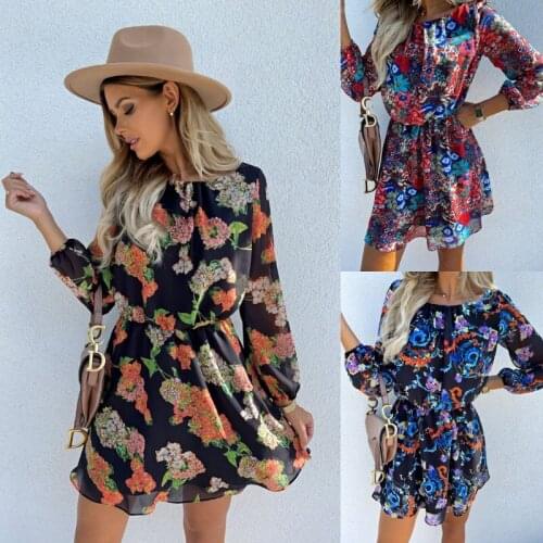 2021 Floral Print Boho Beach Dress Ruffle Long Sleeve A Line Mini Dress Wrap Sundress Robe