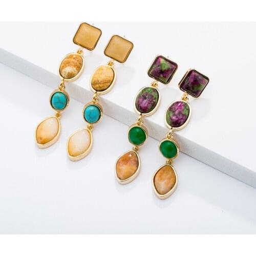 2021 Natural Stone Acrylic Beads Resin Vintage Blue Matte Gold Color Drop Earrings Fish Hook Bohemia Accessory Ethnic