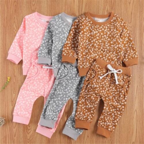 2021 Newborn Baby Girls Boys Clothes Sets Flowers Print Long Sleeve Pullover Sweatshirt Tops Pants 3 Colors Cotton