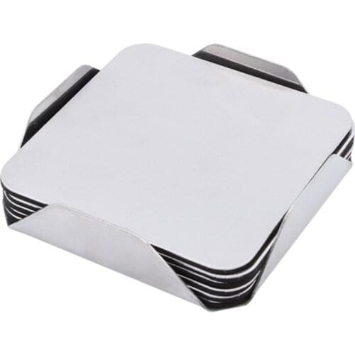 6Pcs/Set Stainless Steel Coaster Cup Mats Pads Round Square Kitchen Tools Non-slip Pad Table With Holder Metal Insulation