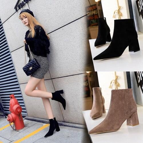 Chelsea Boots Women Low Heels Woman Shoes Thigh High Boots Ankle Boots Black Flock Shoes Ladies Winter Boots For Women 1988-2