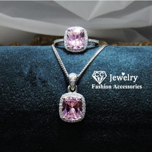CC Jewelry Sets For Women S925 Silver Pendants Ring Cubic Zirconia Rectangle Bridal Wedding Fine Bijoux No Chain CCAS227
