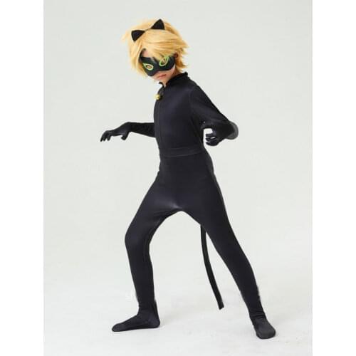 Kids Cat Costume - Boy Girl Child Halloween Black Cat Cosplay Jumpsuit with Wig