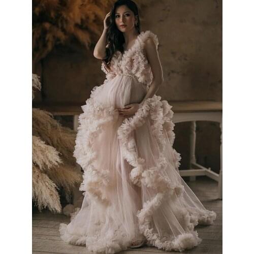 Champagne Long Elegant Evening Dress 2021 V-Neck Tulle Maternity Dresses For Photo Shoot Robe Pregnant Women Fomral Prom Gowns