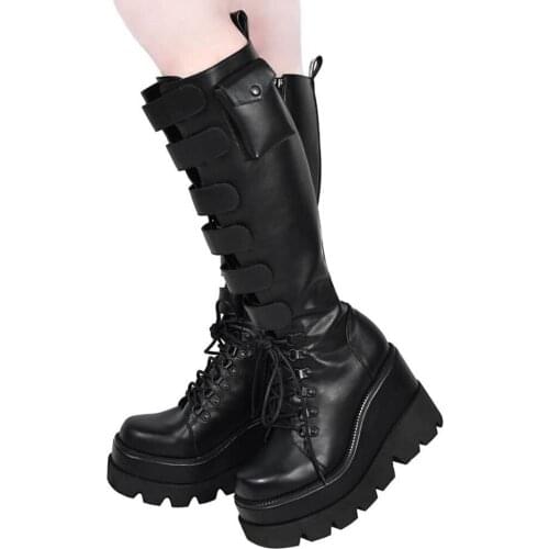 INS brand ladies platform boots buckle bags wegdes women motocycle boots stylish zipper street punk cool autumn shoes woman