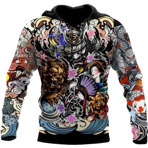 Fashion Autumn Hoodies Samurai Geisha and Lion Tattoo 3D Printed Mens Sweatshirt Unisex Zip Pullover Casual Jacket Sudadera
