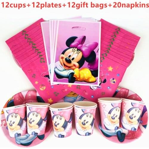 56Pcs Disney Red Minnie Mouse Disposable Tableware Boy Birthday Party Decoration Paper Plate+Cup+Napkin+Candy Gift Bags Supplies