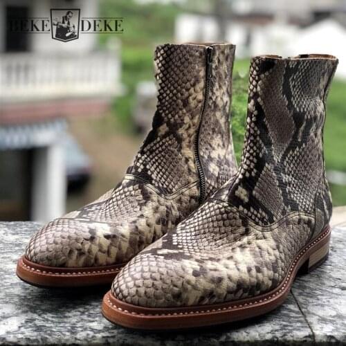 Luxury Snake Pattern Genuine Leather Boots Men Handmade Lovers Shoes Pointed Toe High Top Chelsea Boots Mens Motorcycle Boots