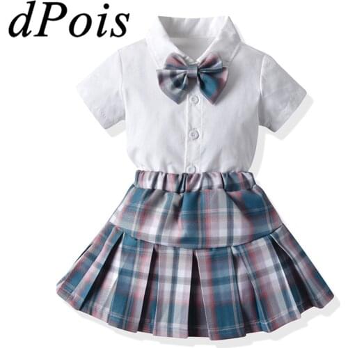 2Pcs Kids Girls Japanese Style School Uniforms Plaid Skirt Outfits Short Sleeve Bowknot Shirt Tops Pleated Mini Plaid Skirt