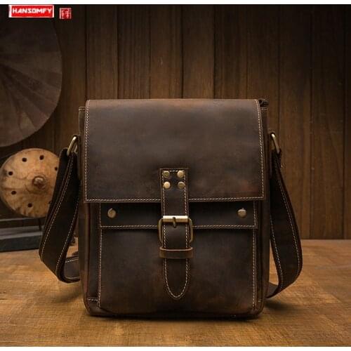 Handmade Crazy Horse Leather Retro Casual Mens bag Head Layer Cowhide Shoulder Bag Leather Diagonal Small Bags Vertical Style