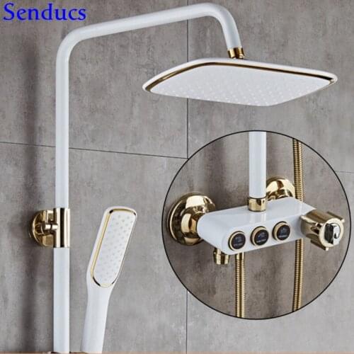 Senducs White Gold Shower Set Thermostatic Bathroom Shower Set Gold Shower Hose Fashion Intelligent Bath Shower Set