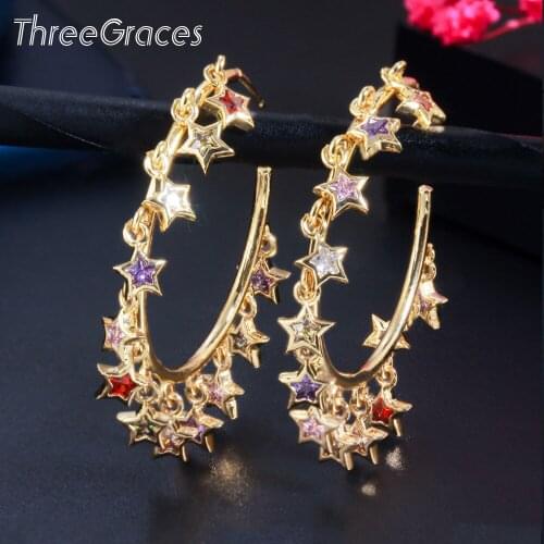 ThreeGraces Trendy Rainbow CZ Star Waterdrop Square Rectangle Shape Gold Color Hoop Earrings for Ladies Fashion Jewelry ER538