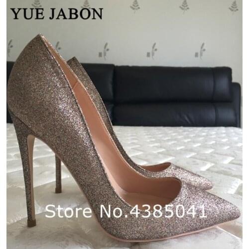 YUE JABON Gold Bling Glitter wedding shoes bride sexy high heels pumps women shoes heels pumps 8/10/12cm pointed toe stiletto