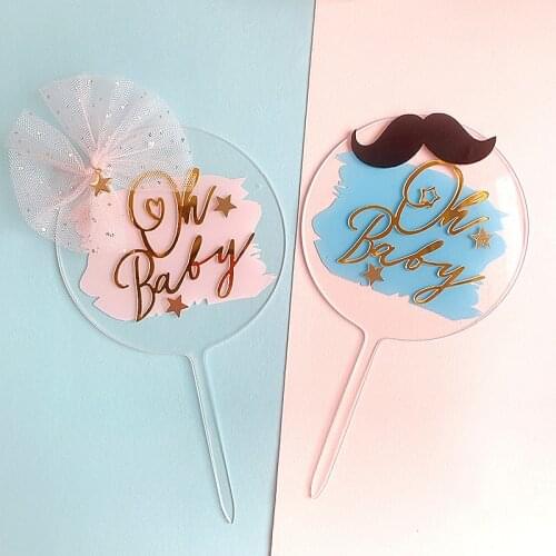 Cake Decoration Acrylic Blue Pink Knot Bread Oh Baby Happy Birthday Cake Topper for Baby Shower Boy`s Girl`s Birthday Cake Decor