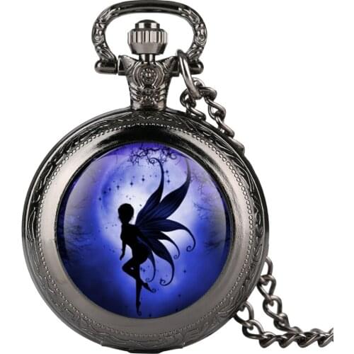 Vintage Womens Pocket Watch Fairy Angels on Moon Pocket Watches for Lady Quartz Pendant Necklace Pocket Watch Gift for Girl