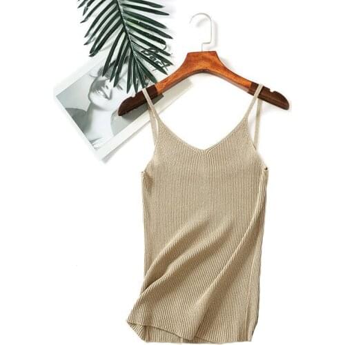 Women 2019 Sexy Knitted Tank Tops Gold Thread Top Vest Summer Camisole Women White Tank Top Fitness Femme T shirt