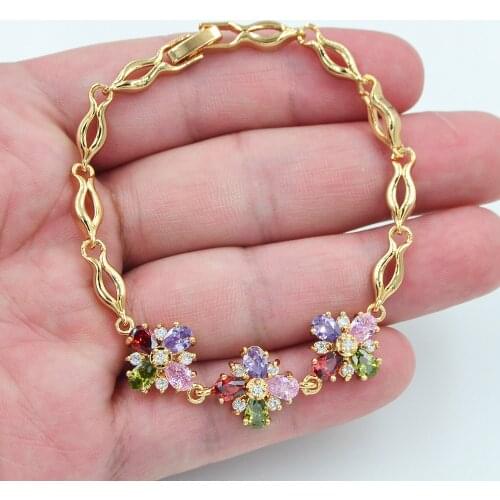Gold Color AAA+ Cubic Zirconia Fashion Women Multicolor CZ Flower Petals Charm Bracelet Jewelry