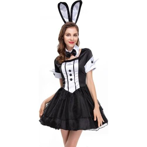 Women Sexy Playful Black Bunny Rabbit Costume Cosplay Corset Skirt Set Overbust Halloween Hen Party Fancy Dress