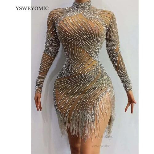 2020 High Quality Silver Rhinestones nude Spandex Dress Long Sleeves Women Dance Show Dress Bar Birthday Outfit Short Dress