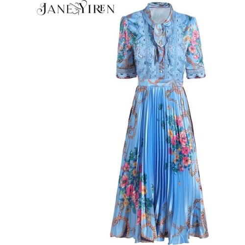Janeyiren Fashion Designer dress Summer Womens Dress Short sleeve Bow collar Lace Flower Print Pleated Elegant Dresses