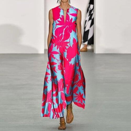 Summer Elegant Sleeveless Long Dress V Neck 2021 Casual Women Floral Printing Bohemian Beach Party Holiday Fashion Dresses