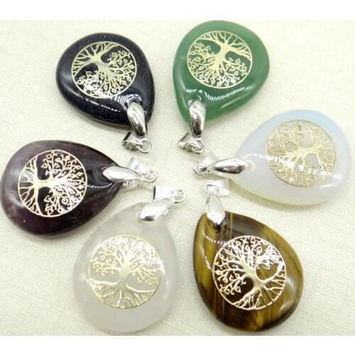 2020 Hot Sale Natural stone Quartz Crystal tiger eye Water droplets Tree Of Life pendant for Diy Jewelry making necklace 6pcs