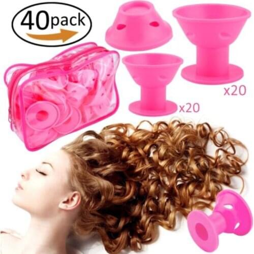 40PC Silicone Hair Rollers Hair Curlers Sleeping Hair Curling Styling DIY Tool No Heat Magic Spiral Clip Tool Pink with Bag