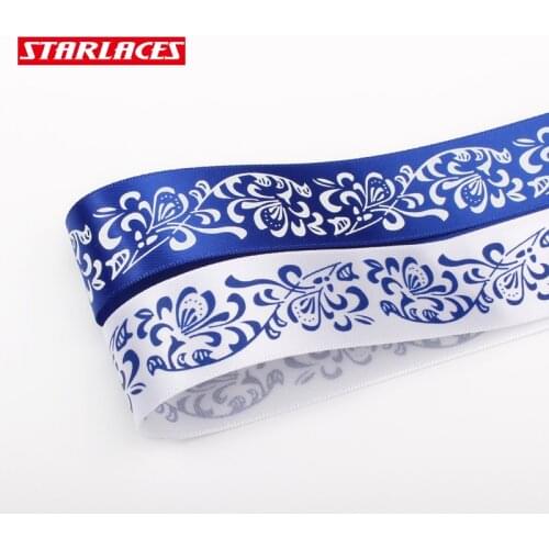 45yards 25mm blue white flowers printed ribbon polyester ribbon DIY gift wrapping holiday party decoration Hair accessories