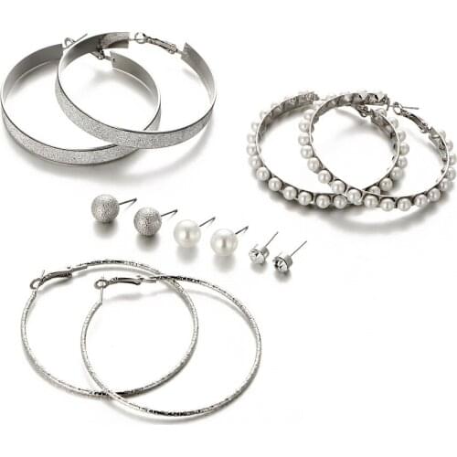 60 pairs/lot Simulated Pearl Earring Set For Women Gold Silver Color Crystal Ball Earrings Large Hoop Round Circle Ear Jewelry