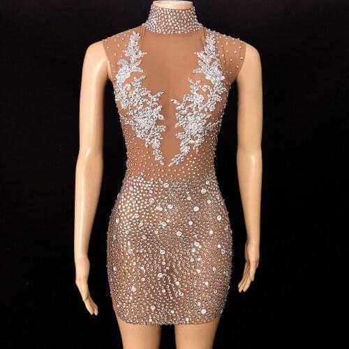 Sparkly Silver Stones Transparent Sexy Dress Birthday Celebrate Bling Rhinestones Outfit Women Dancer Evening clothing